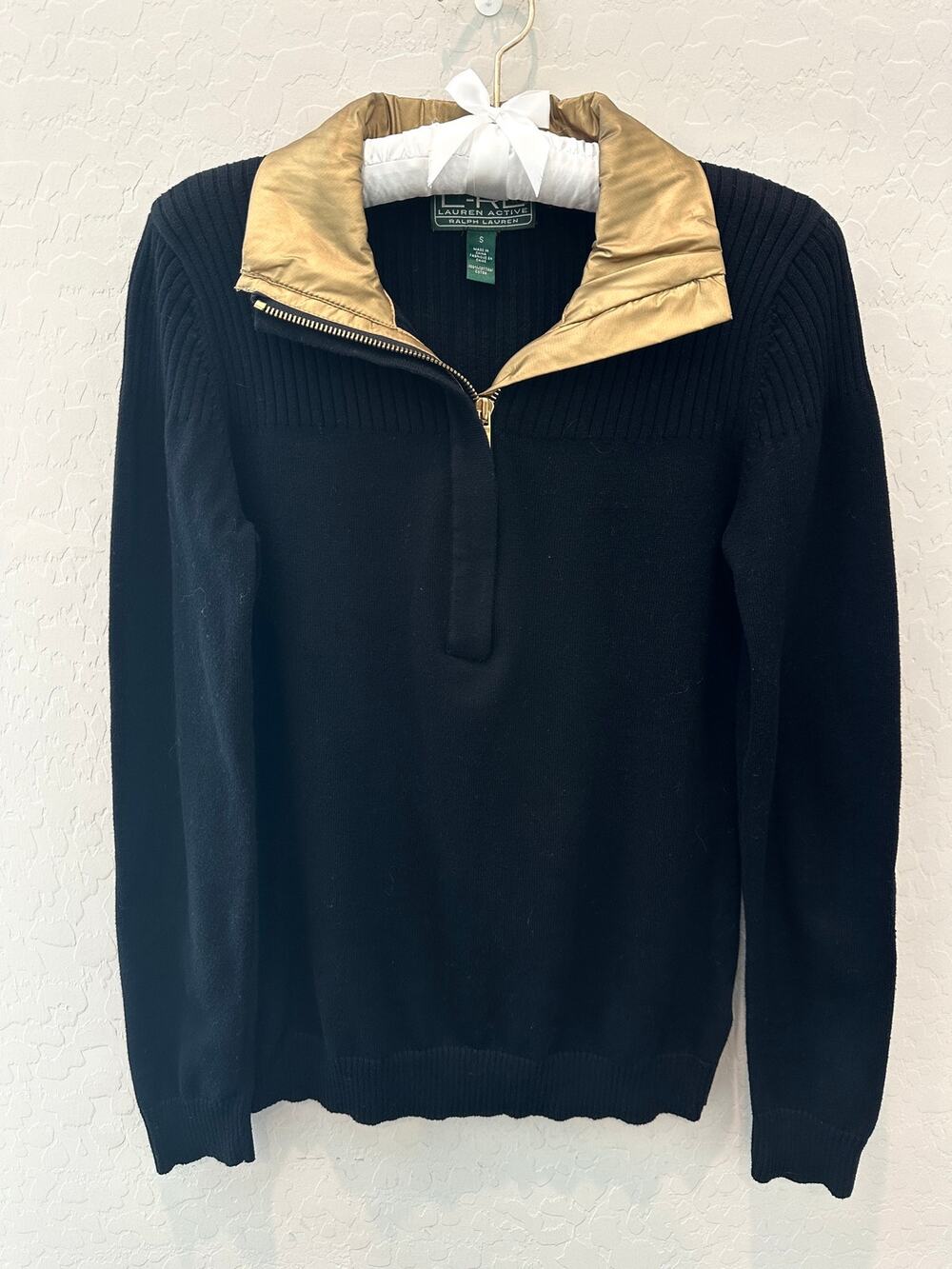 RALPH LAUREN Active Black Zip Cotton Knit Sweater Gold Collar Pullover Small